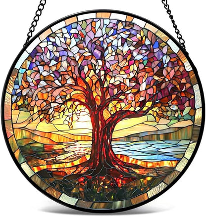 Funoasis Stained Glass Window Hanging 6.3 Inches Suncatcher - The Tree of Life Shines Brightly in The Sunlight Ornaments Sun Catcher Home Decor Women Birthday