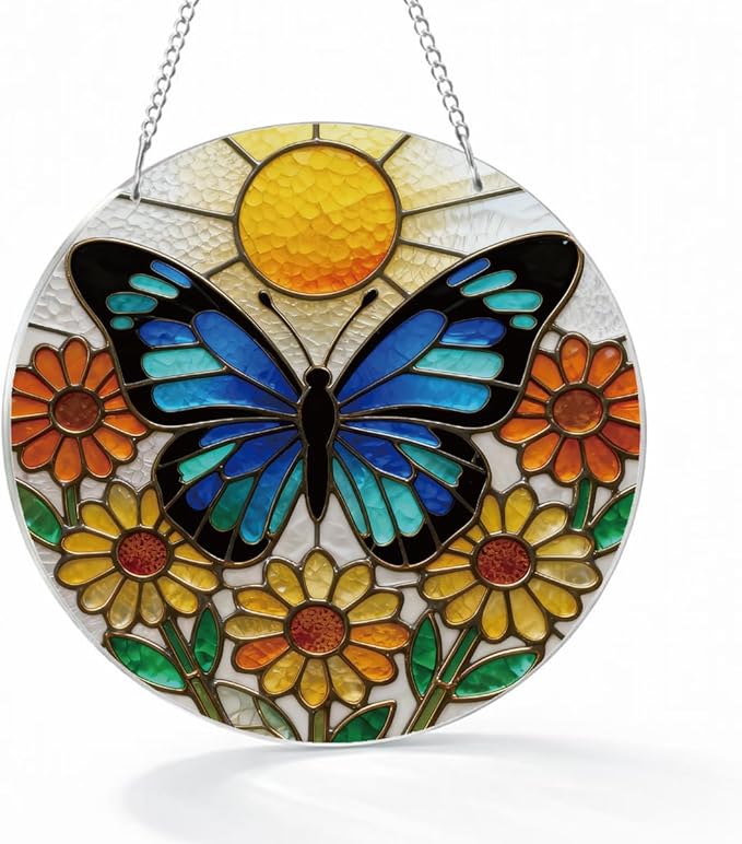Butterfly Acrylic Window Hanging Suncatcher, Yellow Flower Window Wall Art, Butterfly Suncatchers for Windows Doors Home Decoration, Housewarming, Festival, Birthday Gift for Women