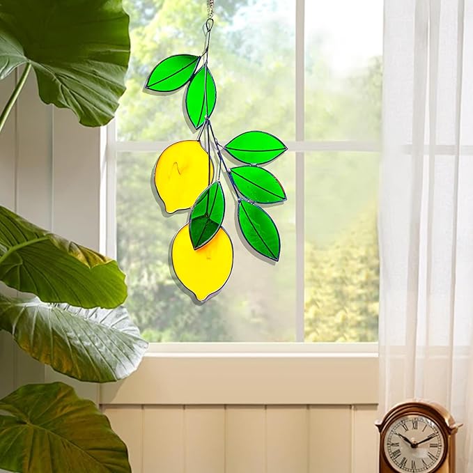 Lemons Leaf Green Artificial Plants, Handcrafted Stained Glass Window Wall Hanging Suncatchers, Fake Plants as Gifts for Houseplant Lovers