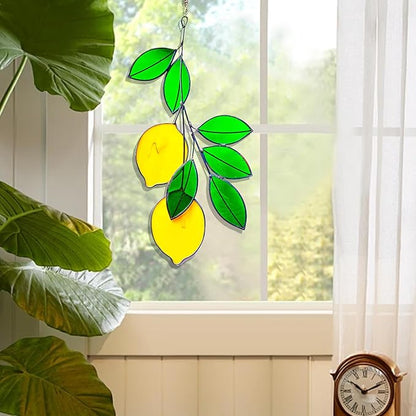 Lemons Leaf Green Artificial Plants, Handcrafted Stained Glass Window Wall Hanging Suncatchers, Fake Plants as Gifts for Houseplant Lovers