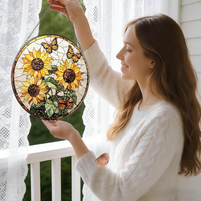 Stained Glass Suncatcher Window Hanging, 7.8 Inch Handmade Sunflower Garden suncatchers, Suncatcher Home Decor,Gift for Women, Mom, Grandma (Sunflower)
