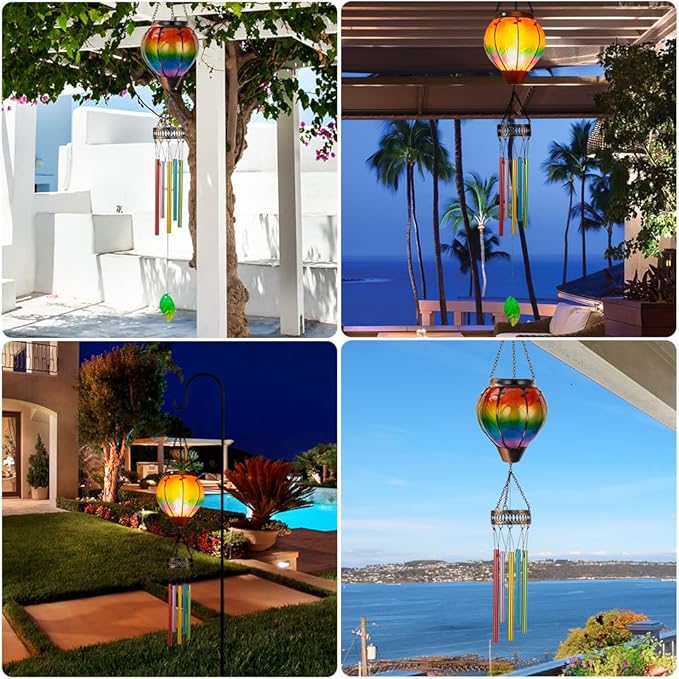 Starsoul Solar Wind Chimes for Outside, Colourful Hot Air Balloon with Flickering Flame Solar Wind Chime, Glass Windchimes Outdoors Garden Decor, Gift for Mother's Day Mom Grandma