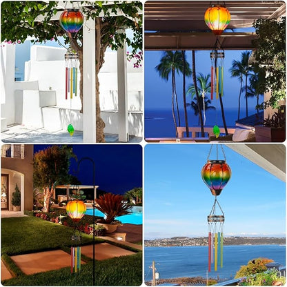 Starsoul Solar Wind Chimes for Outside, Colourful Hot Air Balloon with Flickering Flame Solar Wind Chime, Glass Windchimes Outdoors Garden Decor, Gift for Mother's Day Mom Grandma
