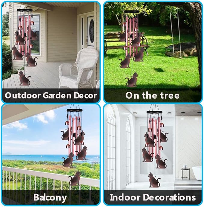 Outdoor Cats Wind Chimes Indoor Decor - Hand-Made Mobile Romantic Windcatcher, Cat Chimes, 28" Cats Wind Chimes for Home, Balcony, Tree, Patio, Garden Decoration, Gift for Mom(4 Tubes, 5 Cats)
