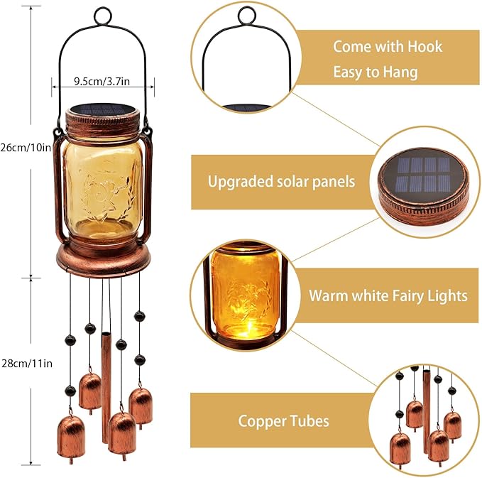 Solar Wind Chimes for Outside, Birthday Mother' s Day Gifts for Mom Women Grandma,Solar Mason Jar Wind Chime Light Unique Hanging Wind Chimes Outdoor,IP65 Waterproof, Yard Garden Terrace Courtyard