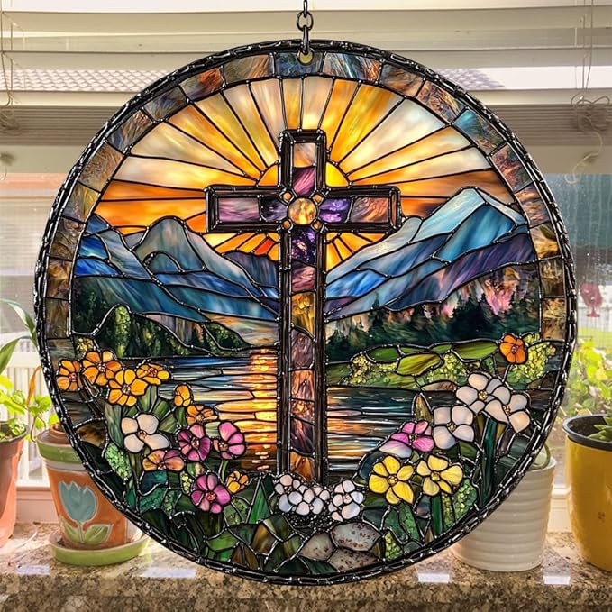 Floral Cross Acrylic Suncatcher Stained Glass Effect Window Car Hanging Christmas Ornament Indoor Outdoor Decor Garden Memorial Sun Catcher for Family Christmas Jesus Gift for Women Mom Grandma