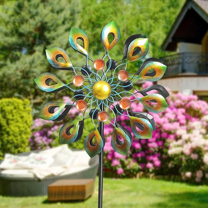 63 Inch Kinetic Wind Spinners with Stake, Metal Windmill Garden Decorations, 360 Swivel Peacock Outdoor Wind Sculpture, Dual Direction Wind Catcher for Yard Art, Lawn Decor, Idea Gifts