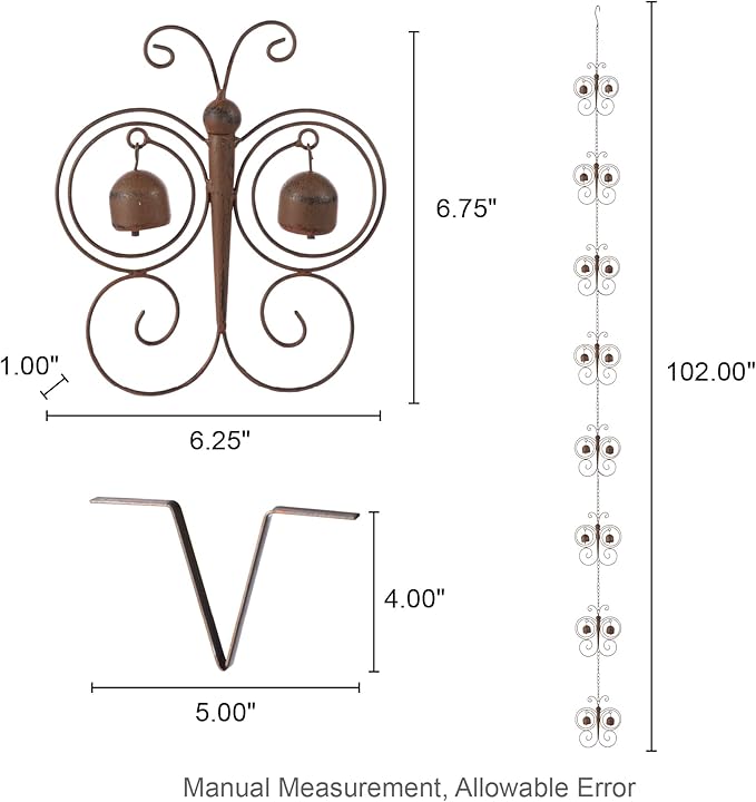 Glitzhome 8.5 FT Rain Chains for Gutters, Butterfly Bells Faux Copper Finish Rain Chains for Outside, Adjustable Rain Catcher Chain with V-Shaped Gutter
