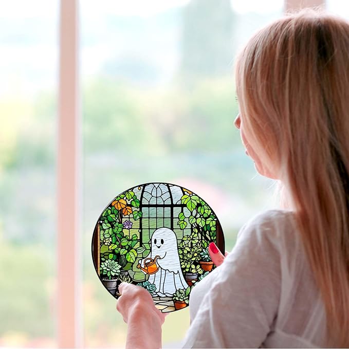 Ghost Garden Sun Catcher Stained Glass Window Hanging Plant Lovers Gifts for Women Wall Decor Handmade SunCatcher Decoration for Garden Home Plant Greenhouse Decor, 7.87inch