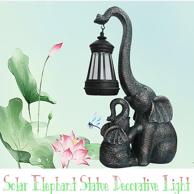 Solar Elephant Statue Light Outdoor, Garden Decor Elephant Figurine with Baby, Waterproof, Durable, Outdoor Decorations Statue for Balcony, Patio, Yard, Lawn, Pathway, Gift