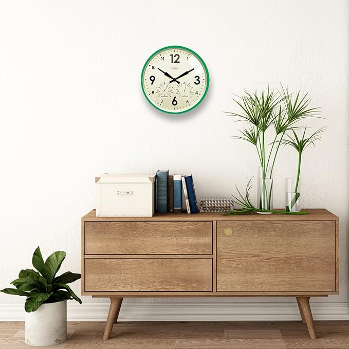 Cloudnola Indoor Outdoor Waterproof Metal Wall Clock with Thermometer and Hygrometer, Green, 12 inch Silent Non-Ticking Battery Operated Quality Quartz Round Clock for Patio and Home Decor