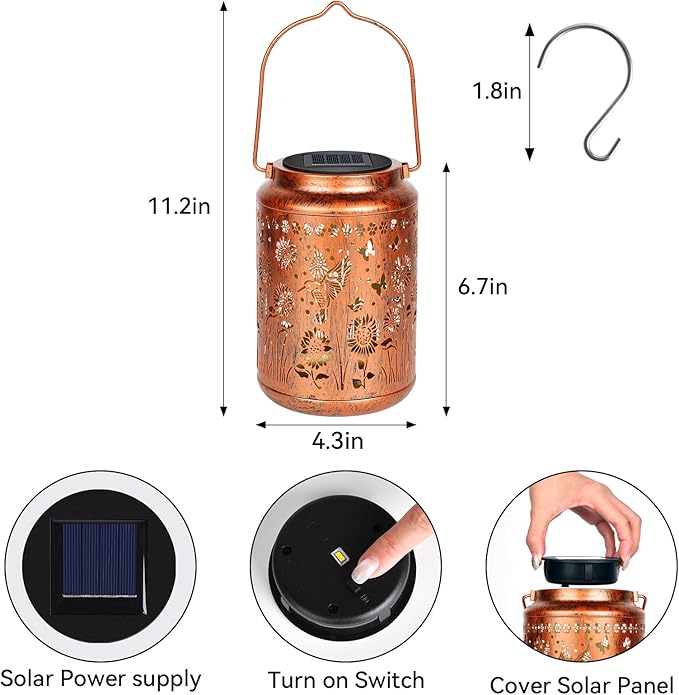 Sunflower Solar Lanterns Outdoor,Hummingbird Gifts Metal Hanging Lights,Waterproof LED Solar Lights for Garden,Yard,Patio Pathway Lawn Decor,Birthday Gifts for Women, Mom, Grandma-with S-Hook