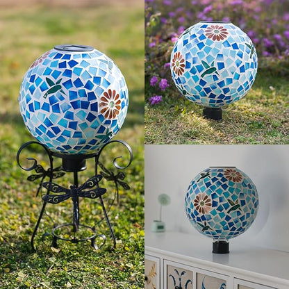 Stargarden Solar Gazing Ball, 10" Mosaic Gazing Ball,Glass Gazing Globe with Metal Stand, Decorative Solar Globes for Patio, Lawn, Garden Decor