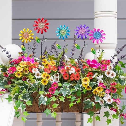 Metal Flower Garden Stakes Yard Art,5 Pcs Colorful Flower Bed Decor Yard Stakes for Outside with Beads for Outdoor Lawn Porch Pathway Patio