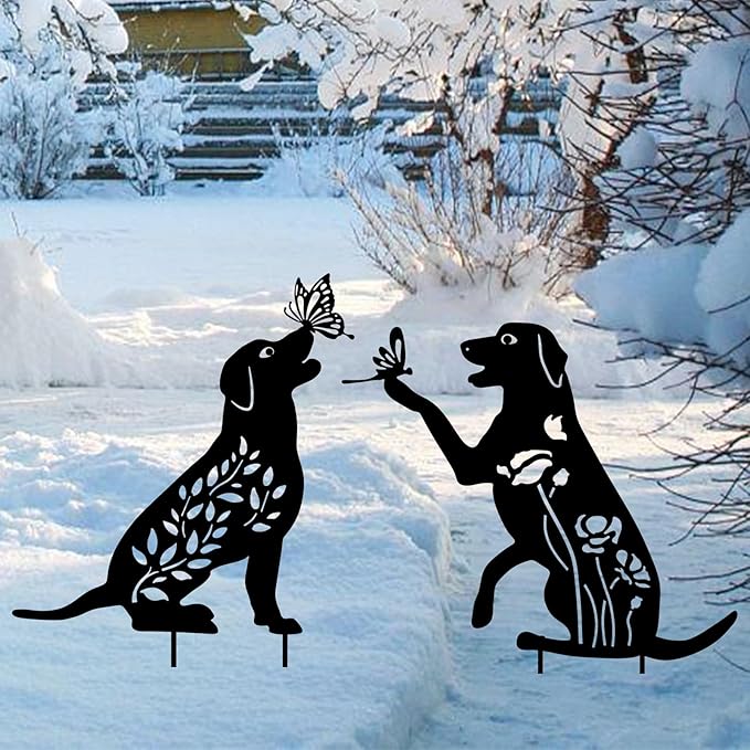 WONDER GARDEN Metal Dog Decor for Outside - 2 Pack Garden Stakes Decorative, Black Dog Silhouette Statues Lawn Ornaments Yard Patio Decor Women Men Mom Gifts