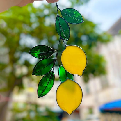 Lemons Leaf Green Artificial Plants, Handcrafted Stained Glass Window Wall Hanging Suncatchers, Fake Plants as Gifts for Houseplant Lovers