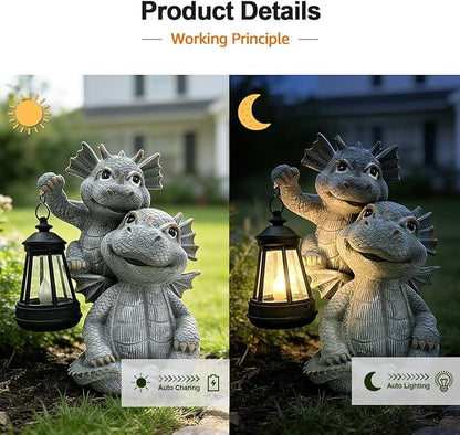 Solar Garden Outdoor Statues Lantern Figurines Light Decorations for Outdoor Patio Balcony Yard Lawn, Ideal Gifts for Mom Friends (Cement Gray- Dragon)
