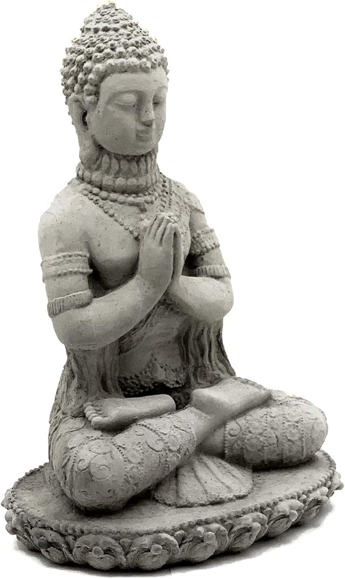 Praying Buddha Statue: Durable Solid Stone Sculpture with Aged Texture. Unique Home Décor, Garden Accent. Sealed for Outdoors. Handcrafted USA. (Antique/Gray)