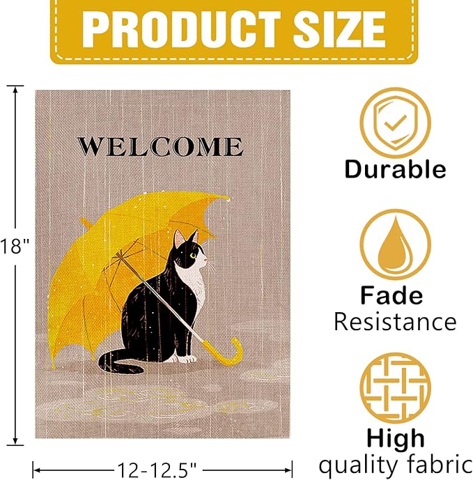 Dyrenson Welcome Spring Summer Tuxedo Cat Decorative Garden Flag, Pet Yellow Umbrella Yard Outside Home Decorations Cat Lover Gifts, Seasonal Burlap Outdoor Small Decor Double Sided 12 x 18
