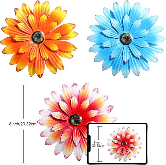 Hotop 3 Pcs Metal Flower Wall Art 3D Metal Daisy Wall Decor Multiple Layer Hanging Flower Rustic Farmhouse Boho Style Decorations for Indoor Outdoor Home Living Room Office Garden, 8 Inches(Vivid)