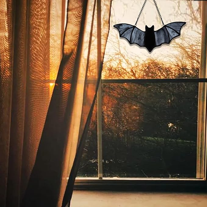 Bat Stained Glass Window Hanging Suncatcher for Window,Halloween Bat Decoration 7.1×3.0 inch…