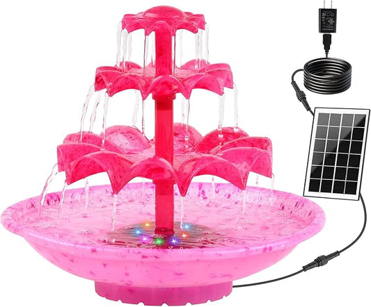 Yeomi Red 3-Tier Solar Fountain Pump with LED Lights, 24H Outdoor Water Feature, Detachable Design, Multi-Function Bird Bath Fountain for Garden Patio Yard Backyard Pond, 3.5W