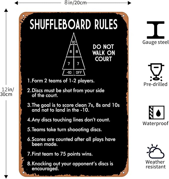 SHUFFLEBOARD BLACK New Metal Signage Wall Rules in Real LifeInteresting Rules Signs for Indoor and Outdoor 8×12 Inches