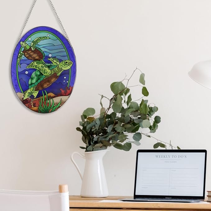 Hanging Ornament, Sea Turtle Stained Glass Window Hangings Suncatcher, 10 inches, Multicolored Ocean Themed Decor for Home, Garden, Indoor Outdoor Use