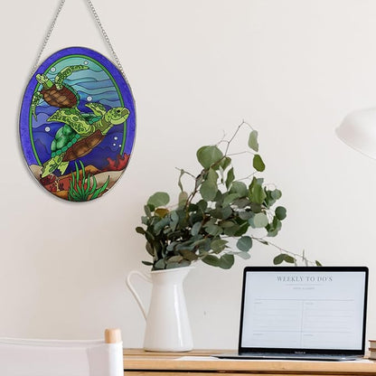 Hanging Ornament, Sea Turtle Stained Glass Window Hangings Suncatcher, 10 inches, Multicolored Ocean Themed Decor for Home, Garden, Indoor Outdoor Use