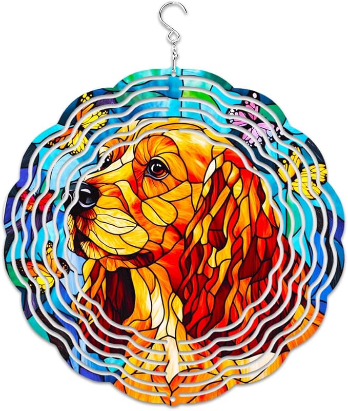 Spinner Windchime Cocker Spaniel Dog and Butterflies 3D Metal Sculpture Wind Spinner Hanging for Outdoor Garden Patio Yard Decoration 10x10inch-7