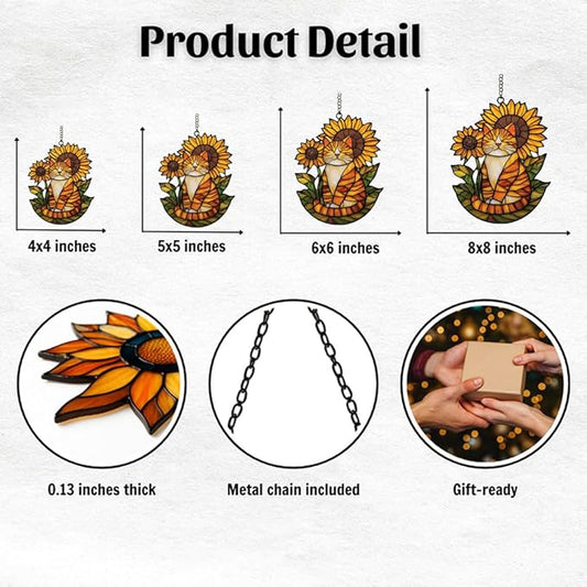 Happy Tabby Cat Acrylic Suncatcher Stained Glass Effect Window Car Hanging Christmas Ornament Indoor Outdoor Decor Garden Sun Catcher Panel Gifts for Cat Lover for Women Mom Grandma