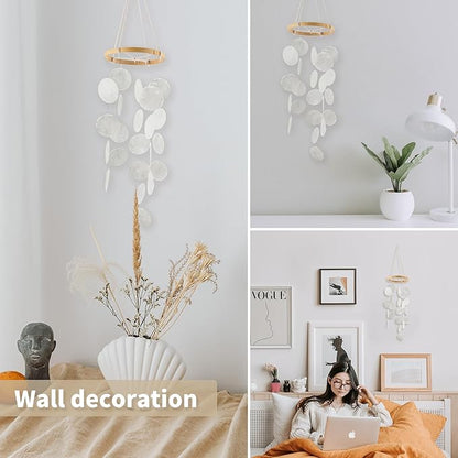 Handmade Capiz Wind Chimes for Outside, Outdoor Seashell Hanging Beach Coast Ocean Home Decorative, Unique Natural Shell Waterfall Windchimes for Summer Patio, Great Memorial Sympathy Gift（White