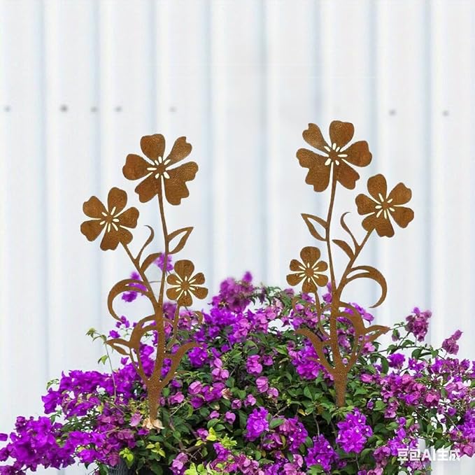 Rusty Metal Wild Flowers Garden Stakes 11.82 x 8.47 inches, Decorative Flowers Yard Stake Metal Art for Outdoor Garden Lawn Decor (Flower-J)
