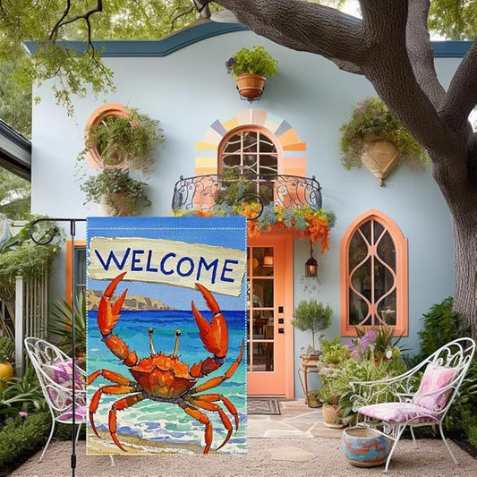 Welcome Crab Garden Flag 12x18 Inch Vertical Double Sided Small Burlap Patio Lawn Holiday Yard Outdoor Decor Outside Decorations