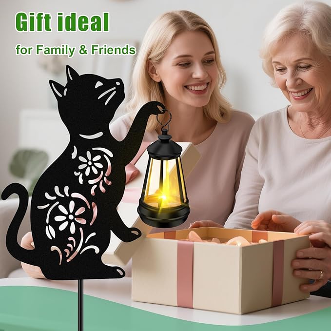 ZFNN Solar Garden Statues Cat Decor - Outdoor Metal Lantern Silhouette Stake, Waterproof Solar Lights for Yard Patio Lawn Pathway Art Decoration, Unique Gardening Gifts for Women Mom Cat Lovers