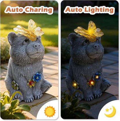 Solar Baby Bear Garden Statue with Butterfly Light - Cute Bear Cub Figurine Decor with Flower Accents - Outdoor Decor for Patio Lawn - Christmas Housewarming Birthday Gifts for Grandma Mom Women