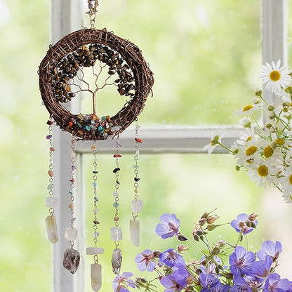 TUOKING Crystal Suncatchers for Window Tree of Life Brown Crystals Vine Wreath Sun Catchers Rainbow Maker Ornament Gift Home Garden Decoration