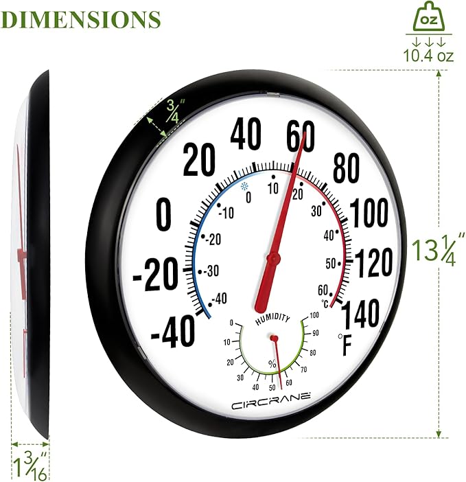 Circrane 13.25 Inch Round Thermometer with Hygrometer, Large Indoor Wall Patio Bimetal Weather Thermometer, No Battery Required, Black