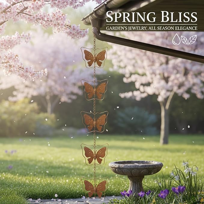 Metal Butterfly Rain Chain for Gutters, Rust Resistant Outdoor Rain Catcher, Perfect for Heavy Rain, Indoor/Outdoor Decoration, Dark Bronze Finish