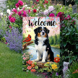 Spring Summer Australian Shepherd Dog Garden Flags 12x18 Double Sided, Small Burlap Seasonal Cardinal Flowers Garden Flag Spring Summer Outdoor Yard Decorations for Outside Lawn Decor