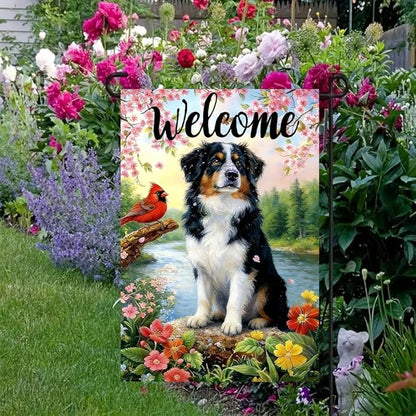 Spring Summer Australian Shepherd Dog Garden Flags 12x18 Double Sided, Small Burlap Seasonal Cardinal Flowers Garden Flag Spring Summer Outdoor Yard Decorations for Outside Lawn Decor