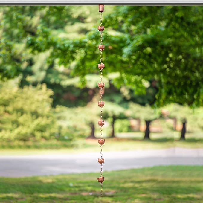 Copper Rain Chain w/Gutter Adapter – Decorative Chimes & Cups Replace Gutter Downspout & Divert Water Away from Home for Stunning Fountain Display – 6.5’ Long