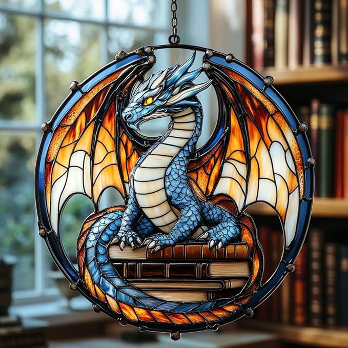 Fantasy Dragon and Books Acrylic Suncatcher Stained Glass Effect Window Car Hanging Christmas Ornament Indoor Outdoor Decor Garden Sun Catcher Panel for Book Lover for Women Mom Grandma
