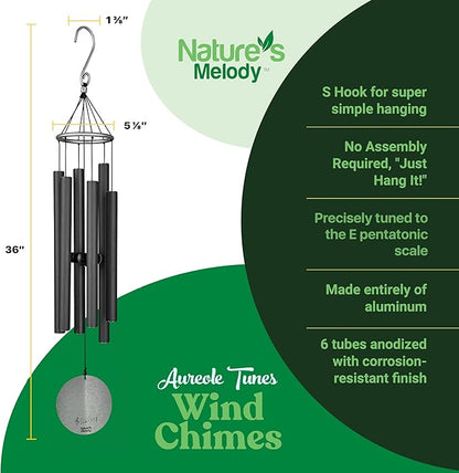 Nature’s Melody Aureole Tunes Wind Chimes – Outdoor Windchime with 6 Tubes Tuned to E Pentatonic Scale, 100% Rustproof Aluminum, Powder Finish & S Hook Hanger for Sympathy, Memorial Gift or Zen Garden