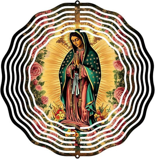 Virgin Mary Prayer Wind Spinner, Metal Wind Spinners Outdoor Indoor, Virgin Mary Rose Hanging Garden Decor for Outside, Stainless Wind Spinners for Yard and Garden 10 inch 3D (25.76X25 CM)