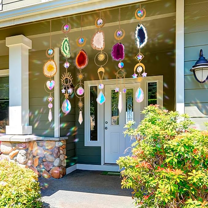 WEISIPU Set of 6 Crystal Sun Catchers - Window Hanging Sun Catchers with Crystals and Agate Slices, Wind Chimes Ornaments Decor Prism for Home Car Window Party Decorations-6 Pcs