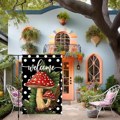 Welcome Spring Summer Garden Flag Polka Dots mushrooms Garen Flags 12x18 inch Double Sided Vertical Burlap Outdoor Lawn Patio Rustic Farmhouse Decor
