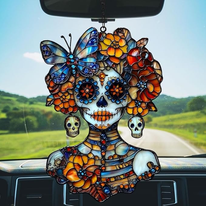 Floral Skeleton Acrylic Suncatcher Stained Glass Effect Window Car Hanging Christmas Ornament Indoor Outdoor Decor Garden Sun Catcher Panel for Sugar Skull Lover for Women Mom Grandma