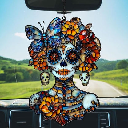 Floral Skeleton Acrylic Suncatcher Stained Glass Effect Window Car Hanging Christmas Ornament Indoor Outdoor Decor Garden Sun Catcher Panel for Sugar Skull Lover for Women Mom Grandma