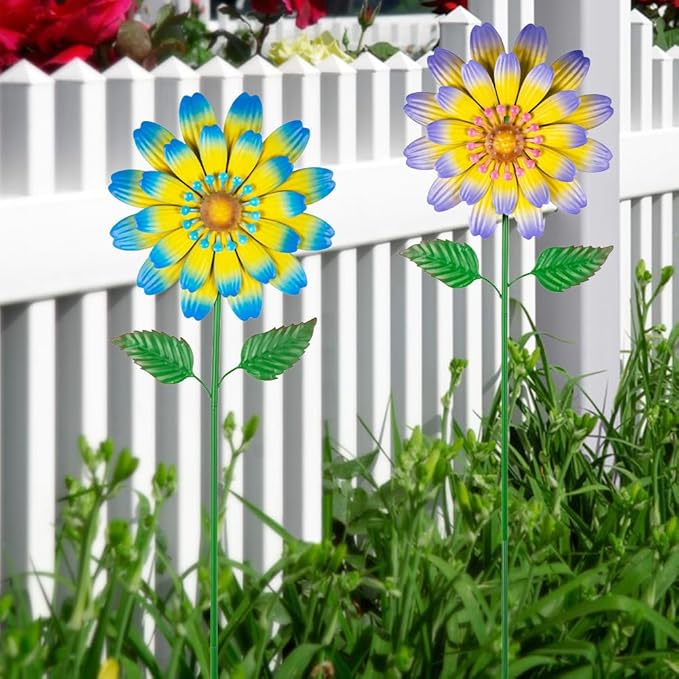 Metal Flower Decorative Garden Stakes,2 Pack Spring Outdoor Decor Large Metal Yard Art for Flower Bed Yard Lawn Decor